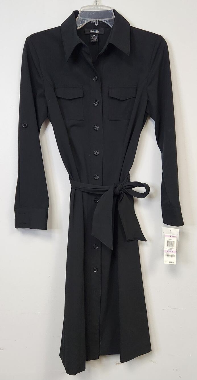 NWT STYLE & CO Petite Womens Black Long Sleeve Dress-Size 6P